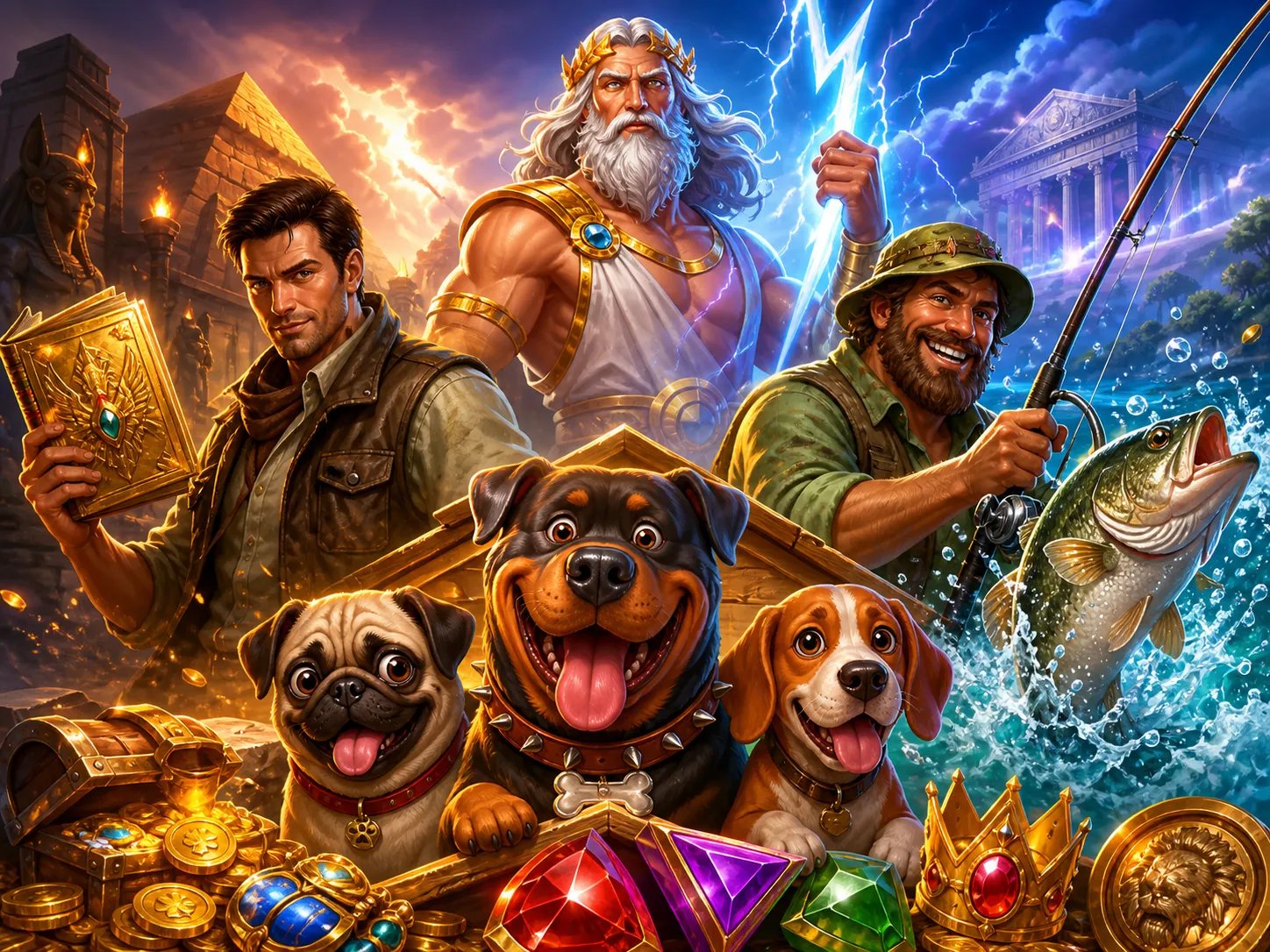 Artistic depiction of fantasy slot game with mythical creatures and vibrant landscapes.