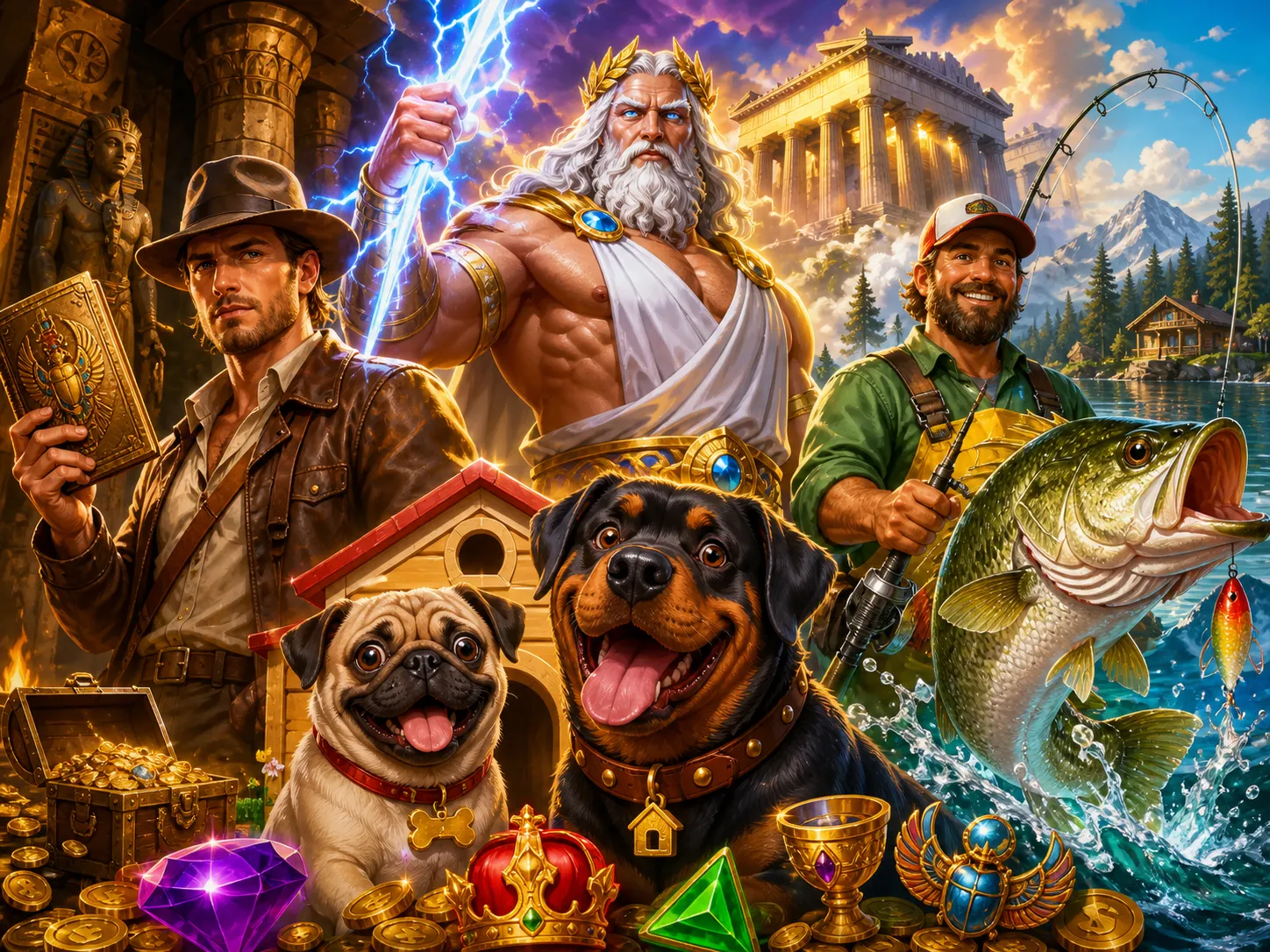 High-quality artwork showcasing characters from NV Casino slot games, featuring vibrant visuals and dynamic themes.